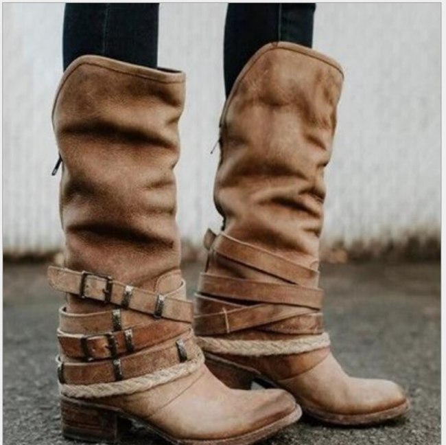 Women Knee High Boots Heels Warm Plus Size Shoes Booties Vintage PU Leather