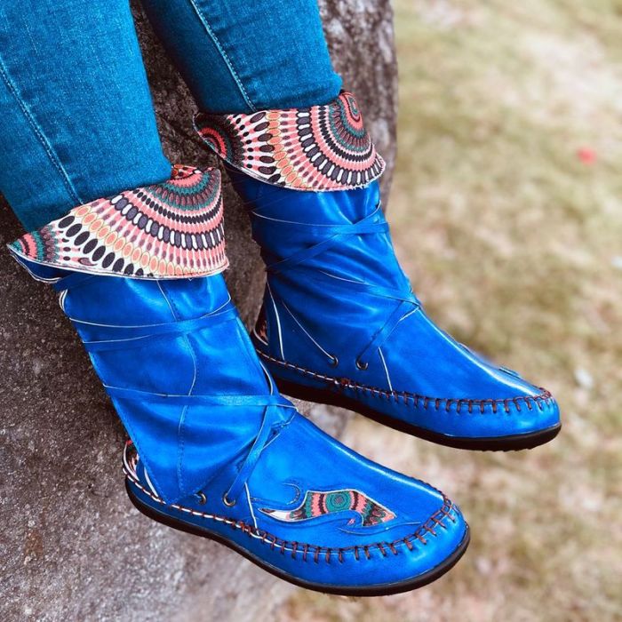 Women Mid-Calf Boots Flats Shoes Vintage PU Leather Ethic Bohemia Shoe