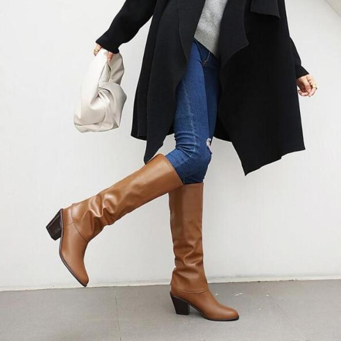 Women Knee High Boots Mid Heels Warm Shoes PU Leather Gladiator Shoe