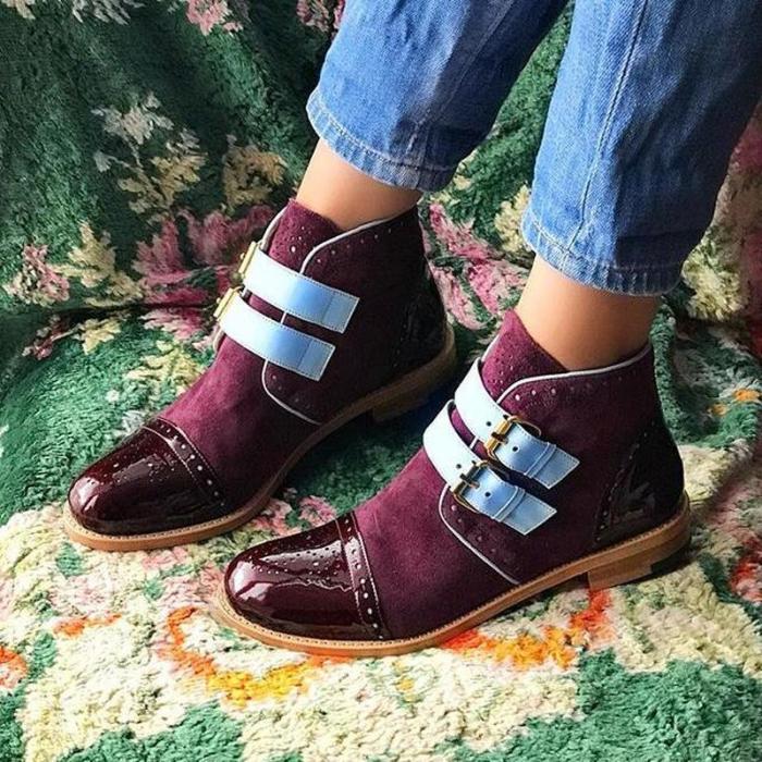Women Ankle Boots Low Heels Vintage PU Leather Buckle Shoes