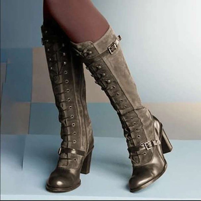 Women Knee High Boots High Heels Shoes Vintage PU Leather