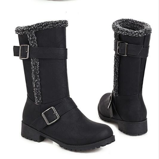 Women Mid-Calf Boots Mid Heels Shoes Vintage PU Leather Winter Snow
