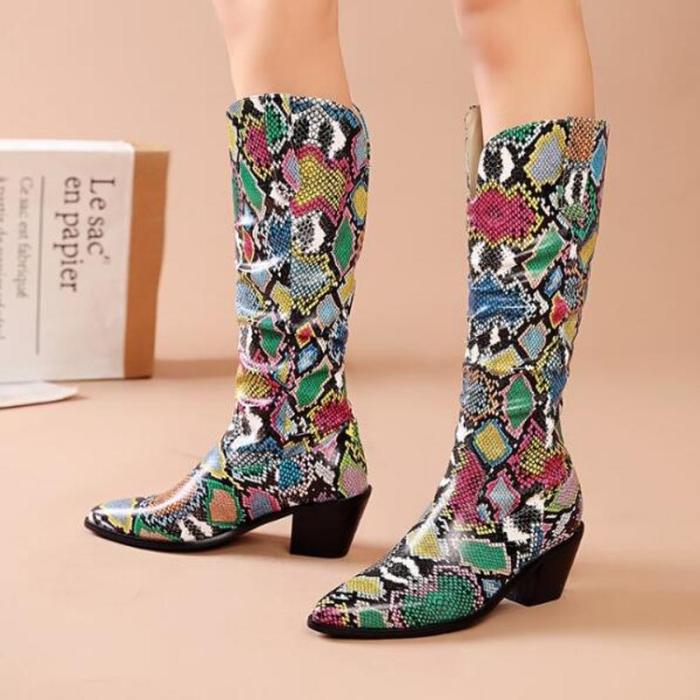 Women Chunky Mid Heels Knee High Boots PU Leather Plus Size Shoes