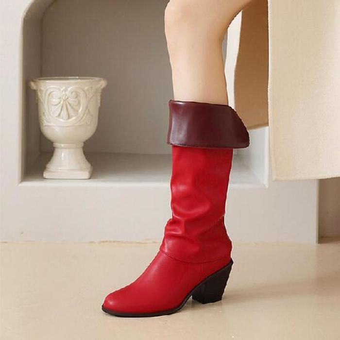 Women Knee High Boots Mid Heels Warm Shoes PU Leather Gladiator Shoe