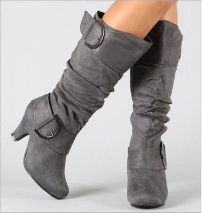 Women Mid-Calf Boots Gladiator Plus Size Chunky High Heels Winter Warm Shoes