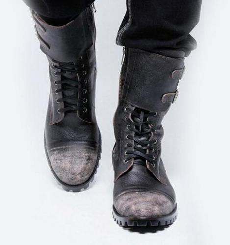 Retro Winter Boots Men Cowboy Leather Shoes Round Toe