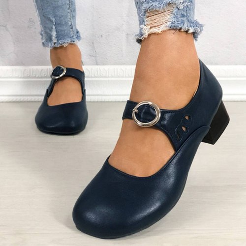 Women Pumps Chunky Low Heels Ladies PU Leather Buckle Shoes Female
