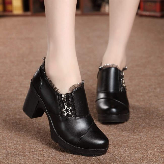Women Pumps Chunky High Heels PU Leather Shoes Sexy Female