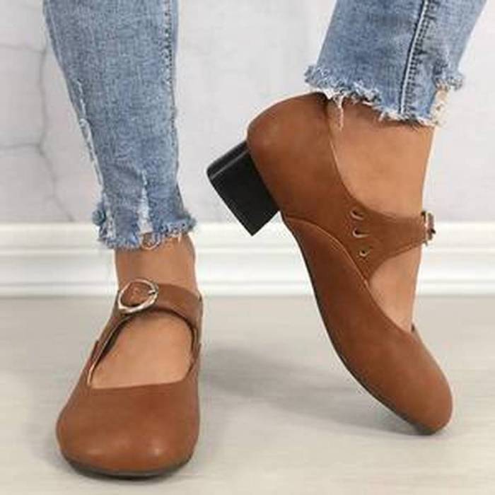 Women Pumps Chunky Low Heels Ladies PU Leather Buckle Shoes Female