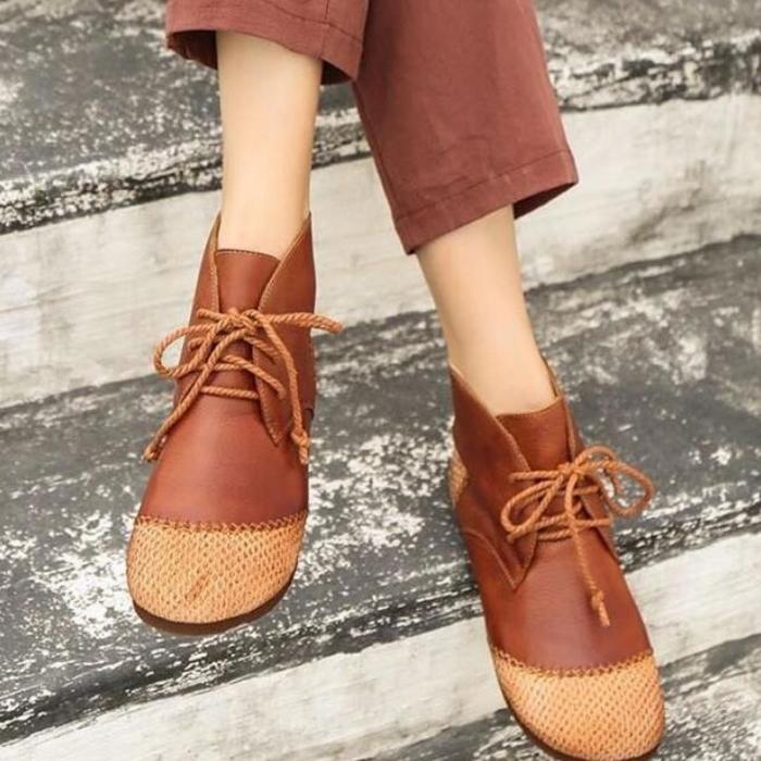 Women Casual Plus Size Vintage PU Leather Flats Lace Up Shoes