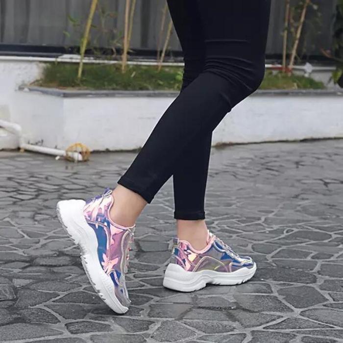 Women Flats Shoes Woman Lace Up Sneakers Sports Students Shiny Bling Girls