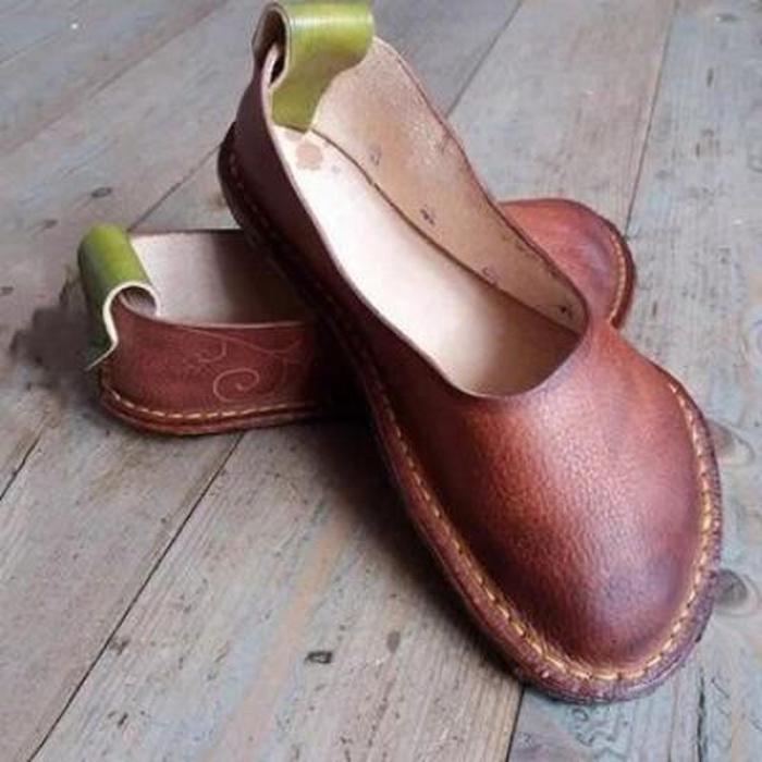 Women Flats Casual Shoes Round Toe Flat Vintage PU Leather Slip On Loafers