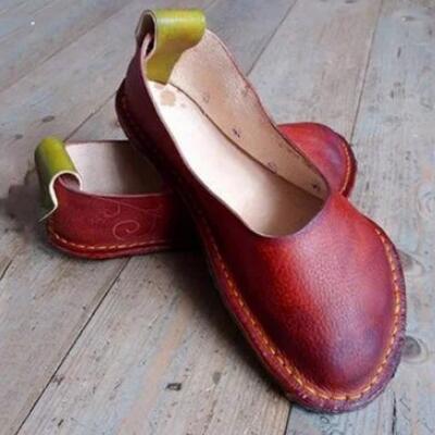 Women Flats Casual Shoes Round Toe Flat Vintage PU Leather Slip On Loafers