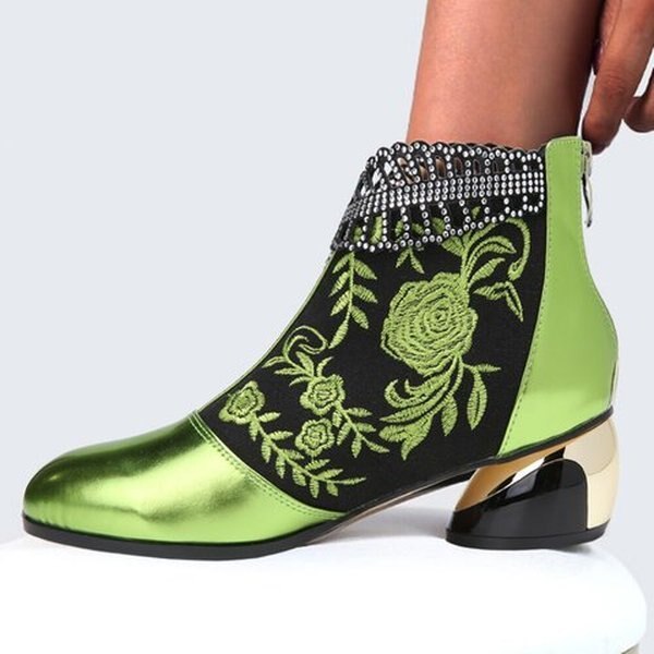 Women Ankle Boots Mid Heels Embroidery Pointed Toe Shoes Plus Size Gladiator Booties