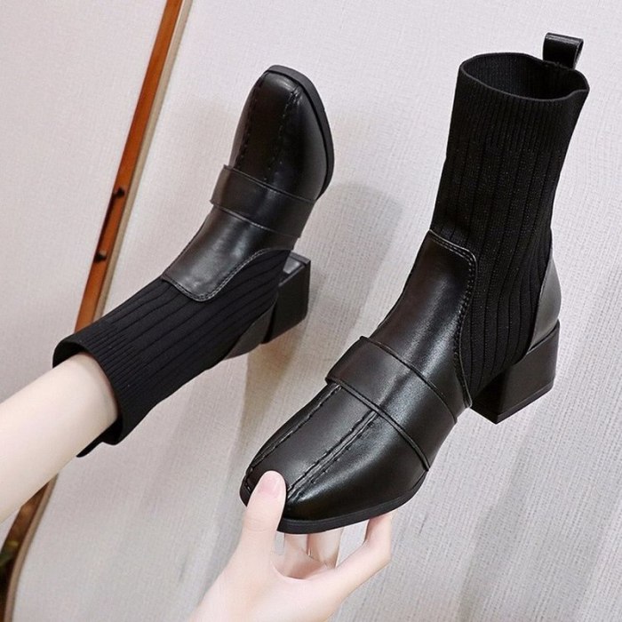 Women Mid-Calf Boots Mid Heels PU Leather Slip On Shoes Plus Size Short Booties