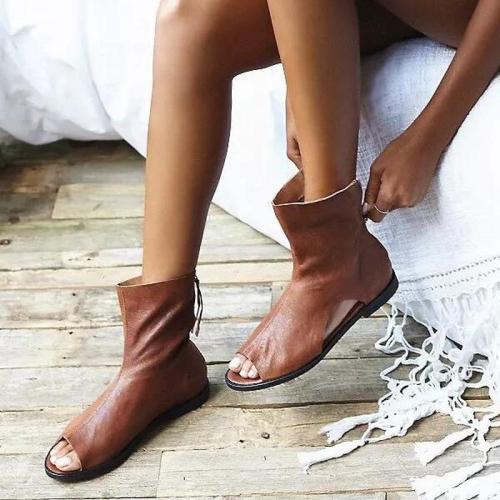 Women Summer Sandals Flats Shoes Peep Toe Vintage PU Leather Mid-Calf Ankle Boots