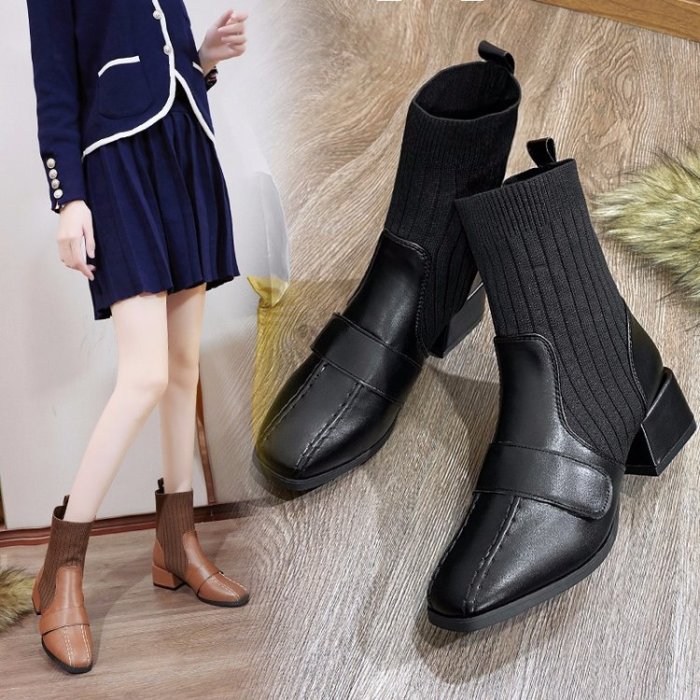 Women Mid-Calf Boots Mid Heels PU Leather Slip On Shoes Plus Size Short Booties