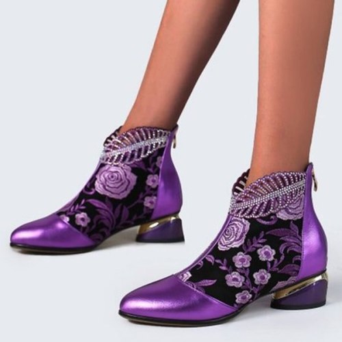 Women Ankle Boots Mid Heels Embroidery Pointed Toe Shoes Plus Size Gladiator Booties