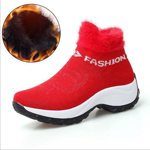 Women Ankle Boots Mid Heels Wedges Shoes Woman Snow Warm Slip On Shoe