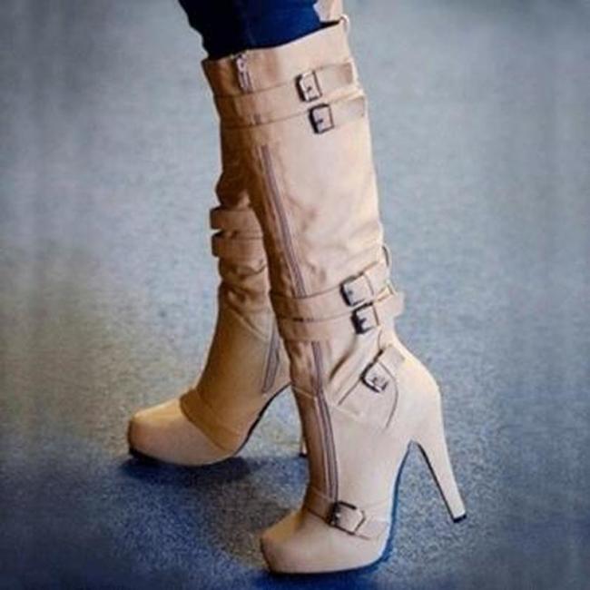 Women Knee High Boots High Heels Shoes Woman Booties Gladiator PU Leather Warm Shoe
