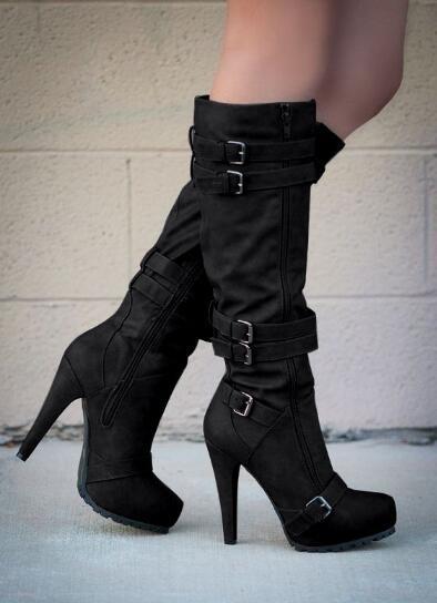Women Knee High Boots High Heels Shoes Woman Booties Gladiator PU Leather Warm Shoe