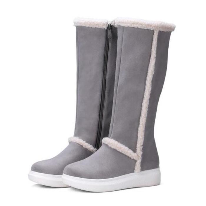 Women Knee High Boots Low Heels Wedges Shoes PU Leather Winter Snow Warm