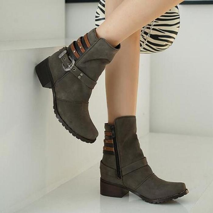 Women Mid-Calf Boots Low Heels PU Leather Shoes Autumn Winter Warm Matin Shoe