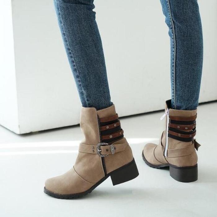 Women Mid-Calf Boots Low Heels PU Leather Shoes Autumn Winter Warm Matin Shoe