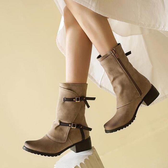 Women Mid-Calf Boots Mid Heels Booties Plus Size Vintage PU Leather