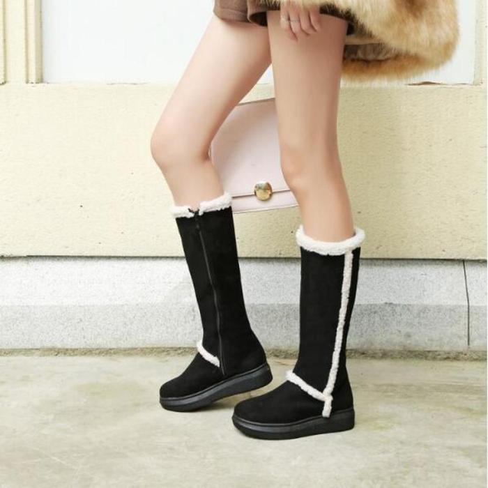Women Knee High Boots Low Heels Wedges Shoes PU Leather Winter Snow Warm