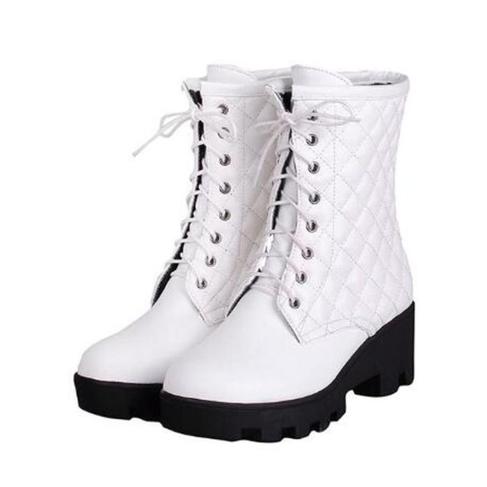 Women Mid-Calf Boots High Heels Booties Plus Size Gladiator PU Leather Lace Up Shoes Woman
