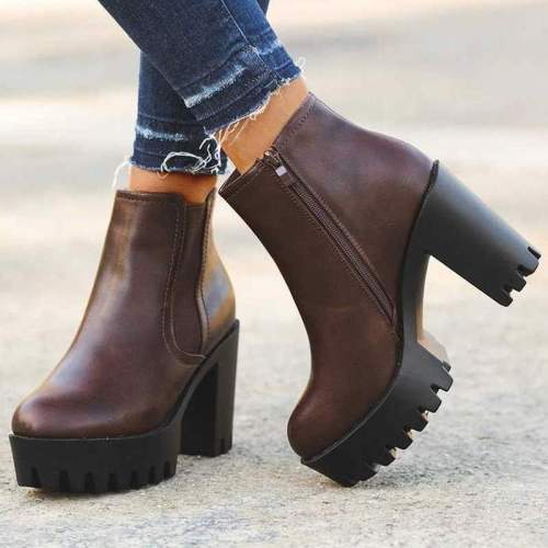 Women Ankle Boots High Heels Pumps Shoes Woman Booties PU Leather Platform Warm Shoe