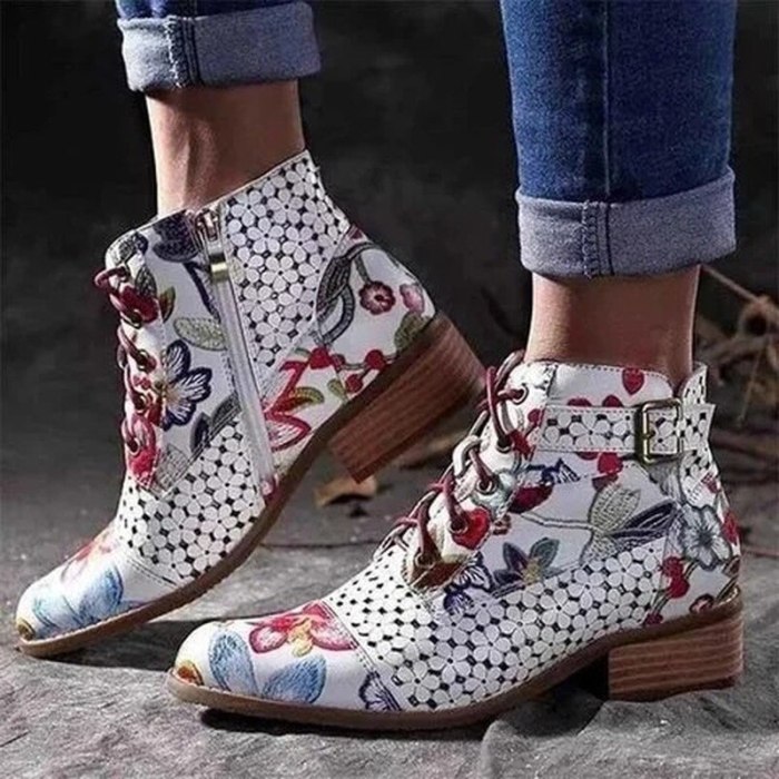 Women Ankle Boots Low Heels Shoes Woman PU Leather Warm Lace Up Shoe
