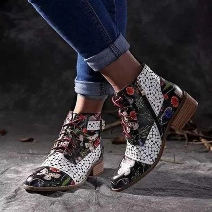 Women Ankle Boots Low Heels Shoes Woman PU Leather Warm Lace Up Shoe