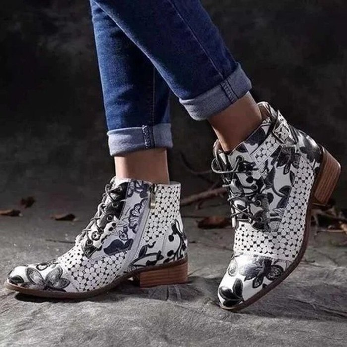 Women Ankle Boots Low Heels Shoes Woman PU Leather Warm Lace Up Shoe