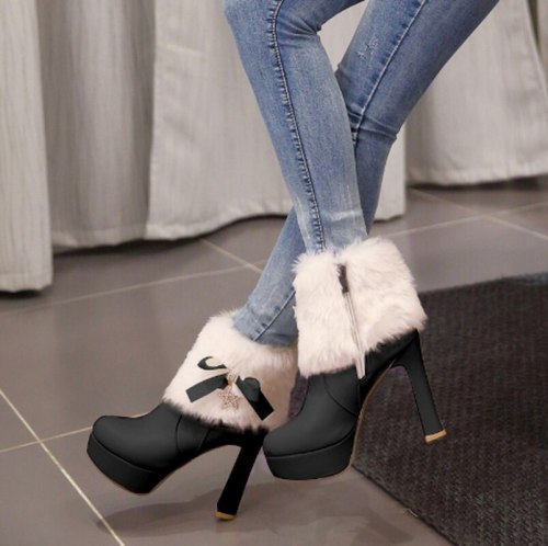 Warm Fur Shoe Fashion Women Ankle Boots High Heels Shoes Booties Vintage