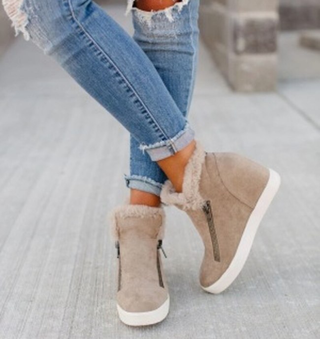 Fur Shoes Woman Ankle Boots Mid Heels Pumps Girls Warm
