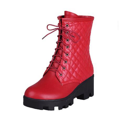 Women Mid-Calf Boots High Heels Booties Plus Size Gladiator PU Leather Lace Up Shoes Woman