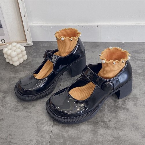 High Heels Shoes Women Pumps Fashion Leather Platform Round Toe Mary Jane Shoes