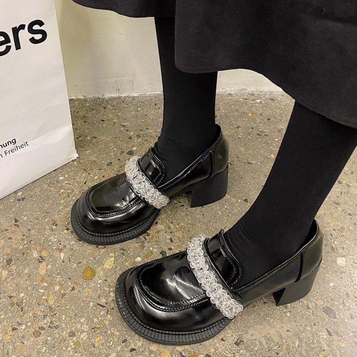 Mary Jane Shoes Platform Women Retro Loafers Platform High Heel Leather Shoes