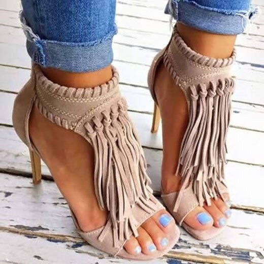 Women Heel High Shoes Fashion Tassel Open Top Thin Heel Pumps for Ladys Shoes