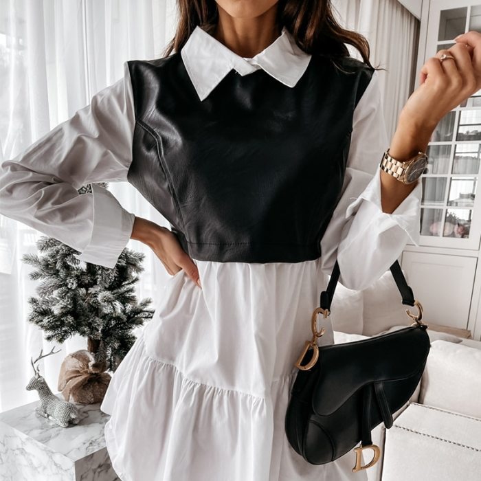 Women Leather Patchwork Dress Casual Long Sleeve Plaid Chic Dress Lady