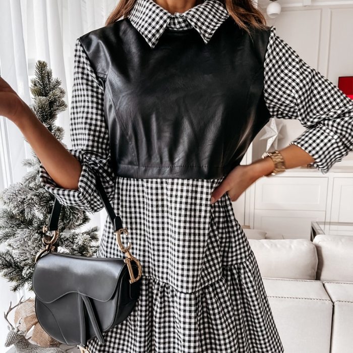 Women Leather Patchwork Dress Casual Long Sleeve Plaid Chic Dress Lady
