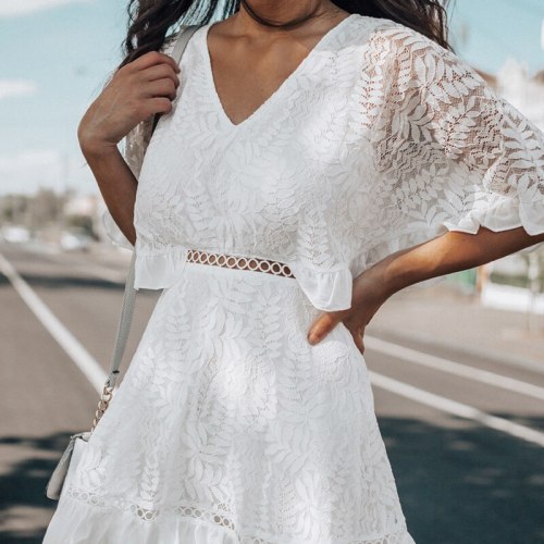 Girl Summer Fashion V-Neck Hollow Out Lace A-Line Mini Dress