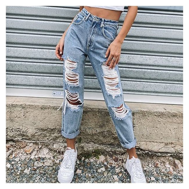 Ladies Straight Ripped Trousers Women's Jeans Slim High Waist Denim Pants Casual