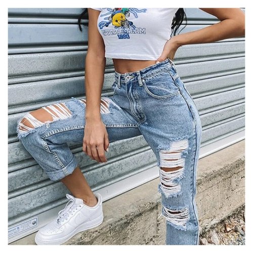 Ladies Straight Ripped Trousers Women's Jeans Slim High Waist Denim Pants Casual