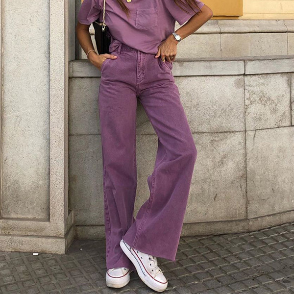Women High Waist Boyfriend Jeans Fashion Purple Women Pants Lady Flare Trousers