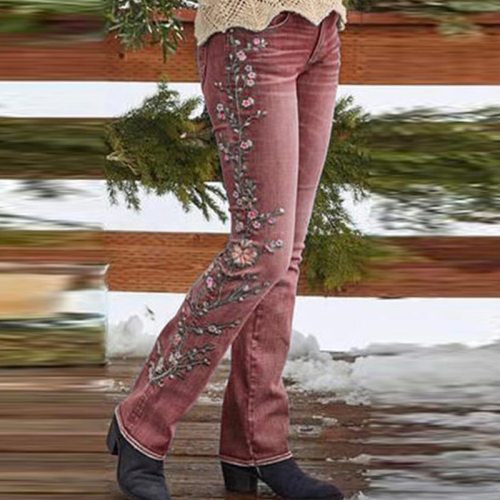 Fashion Embroidery Retro Style Pants Jeans Women's Trousers Casual