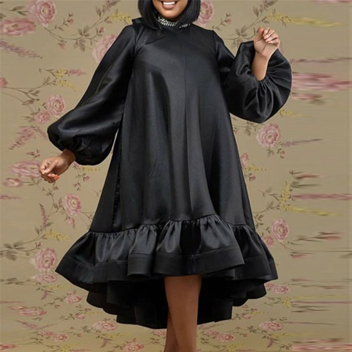 Long Sleeve Dress For Women Ruffles Ladies Oversized Loose Casual Dress Midi