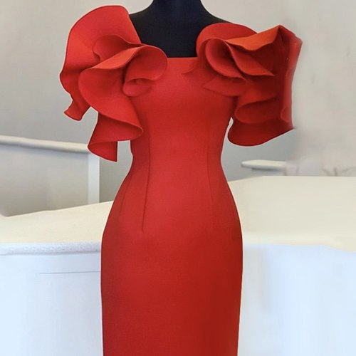 Elegant Off Shoulder Bodycon Midi Dress Fashion Ruffles Sleeve Evening Party Dresses